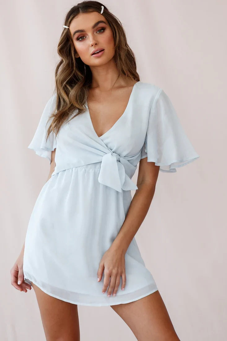 Stealing Hearts Flutter Sleeve Wrap Front Dress Blue