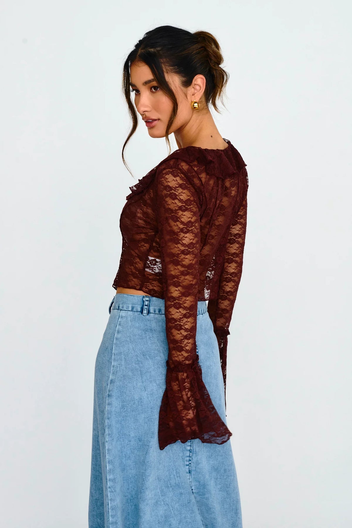 Siren Long Sleeve Tied Lace Top Brown