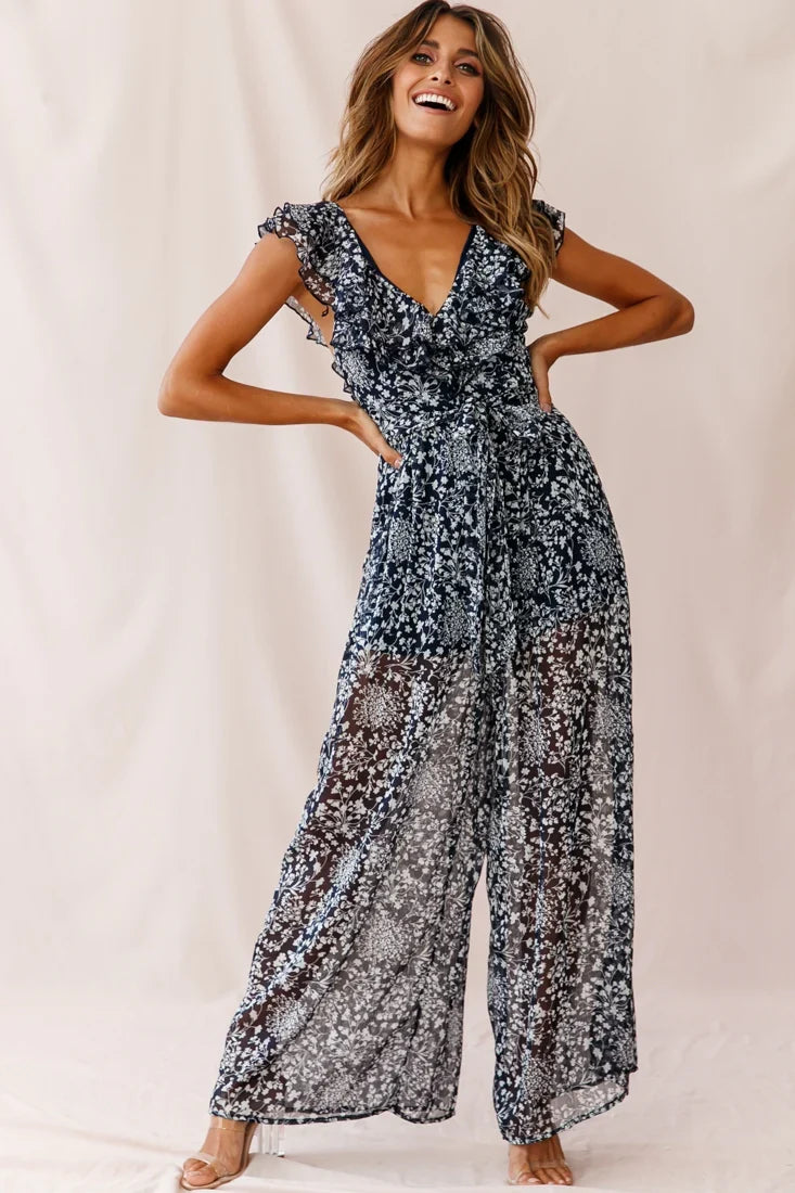 Marcia Ruffle Strap Wide Leg Jumpsuit Navy/White