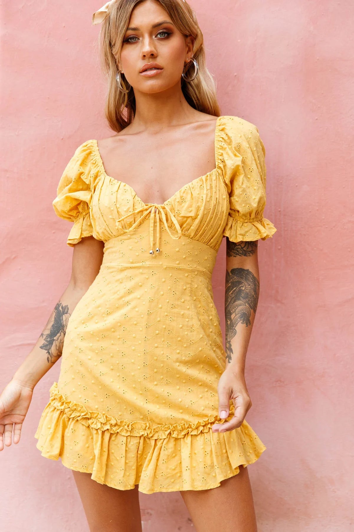 Hayden Puff Sleeve Eyelet Embroidery Dress Yellow
