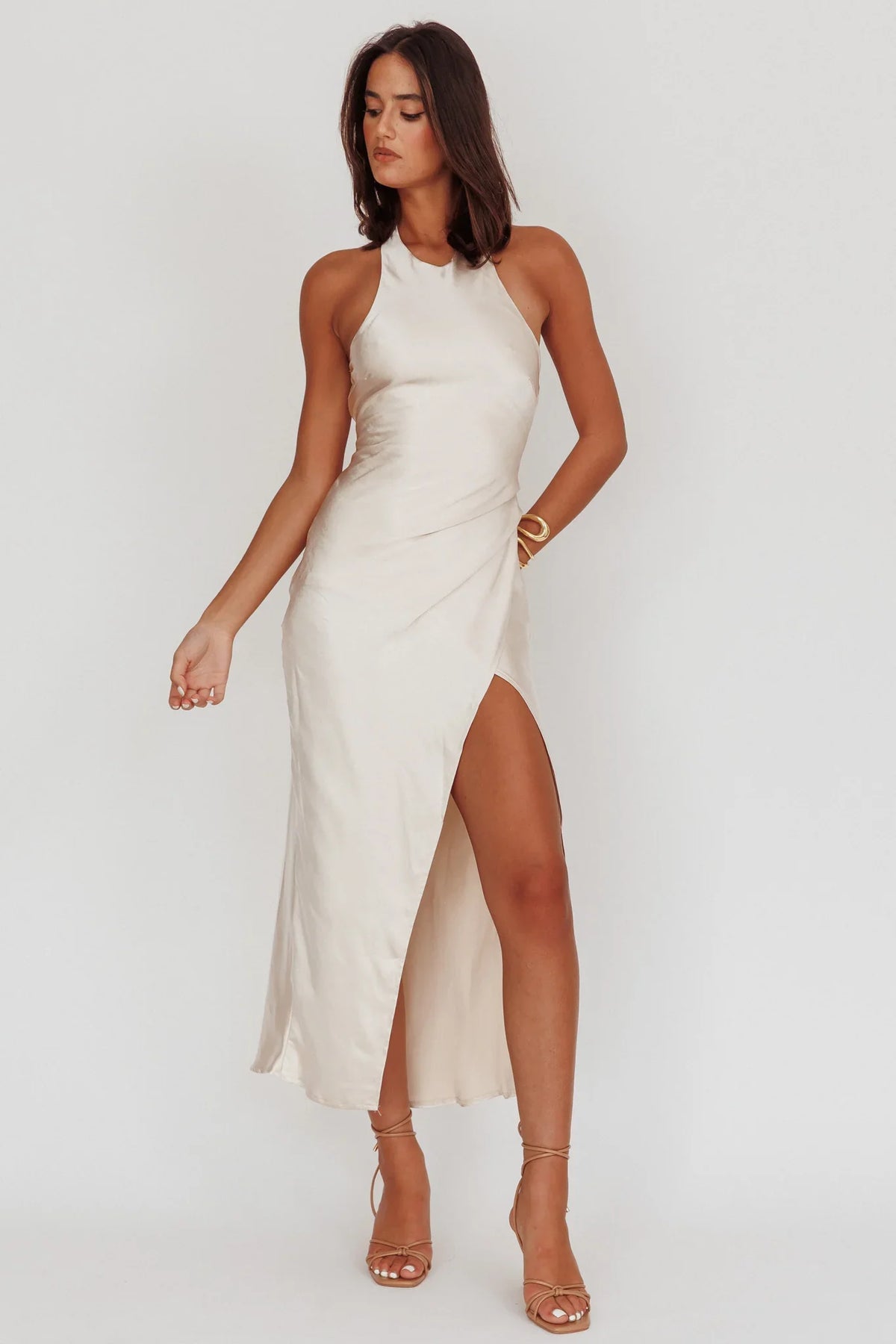 Sonoma Halterneck Twist Back Maxi Dress Champagne