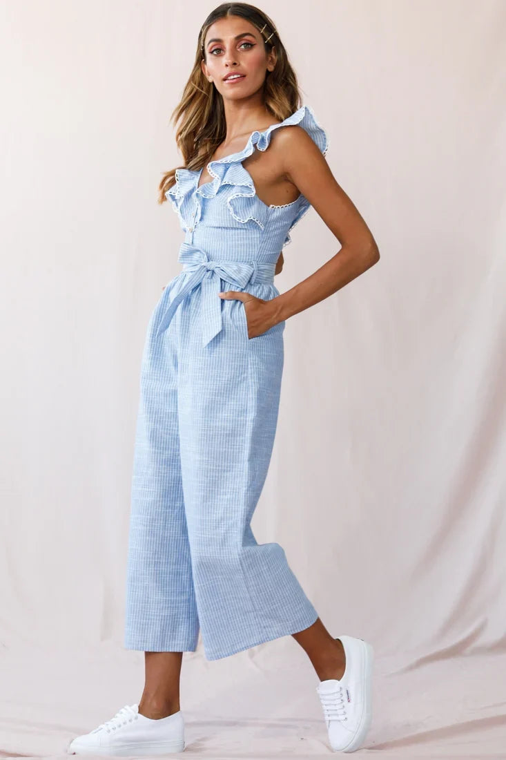 Danube Belted Waist Pinstripe Jumpsuit Blue