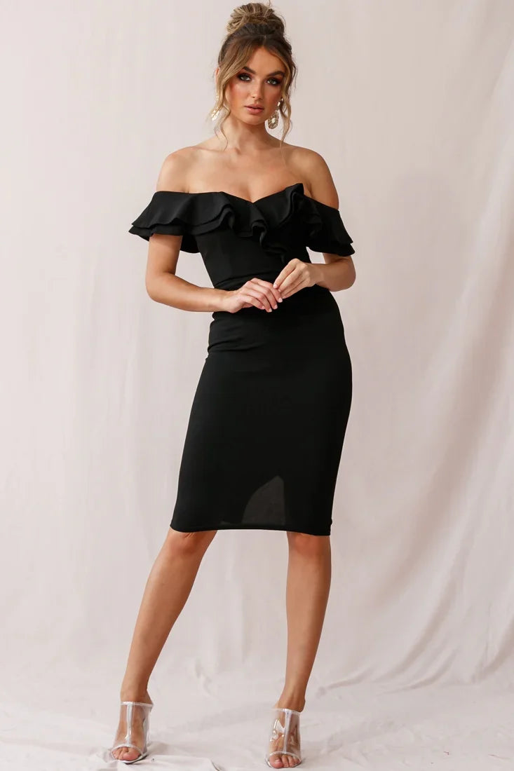 Rossi Ruffled Off The Shoulder Bodycon Dress Black