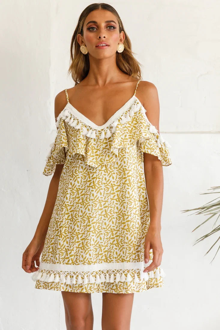 Hayman Cold-Shoulder Tassel Trim Dress Mustard Print