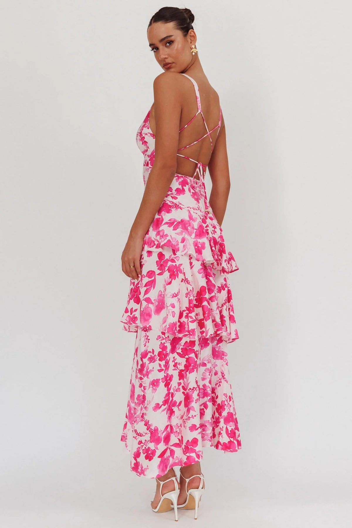 Veda Strappy Back Ruffle Maxi Dress Floral Fuchsia