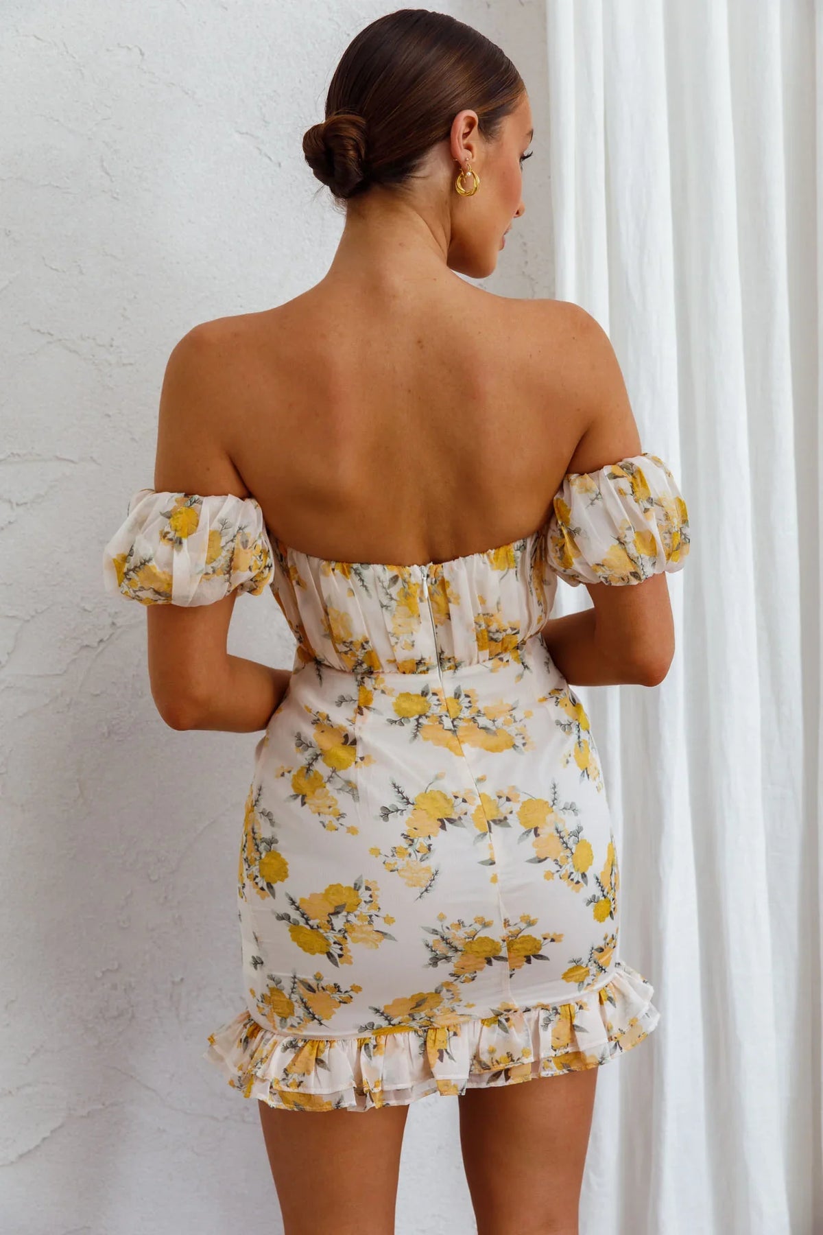 Verona Off-Shoulder Gathered Mini Dress Floral Yellow