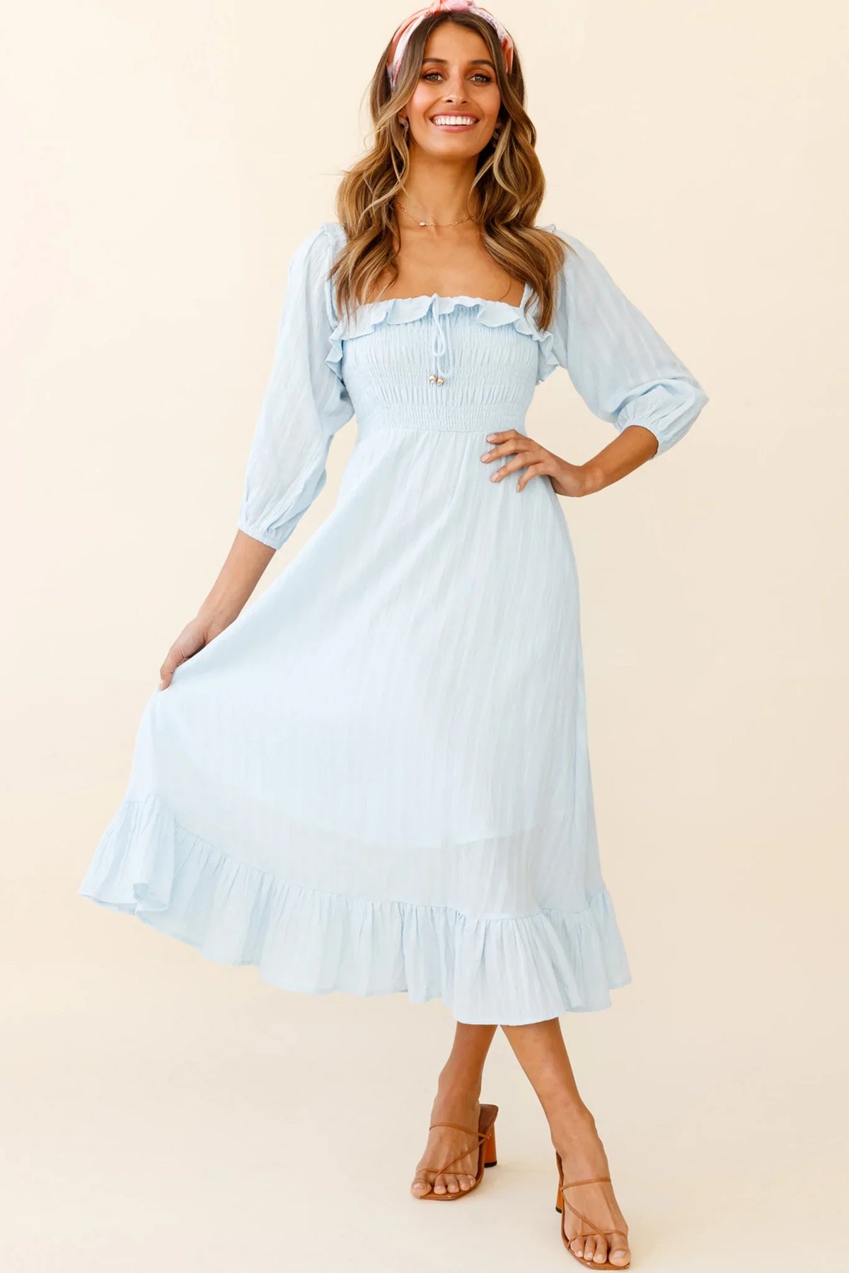 Flynn Off-Shoulder Shirred Bust Midi Dress Ice Blue