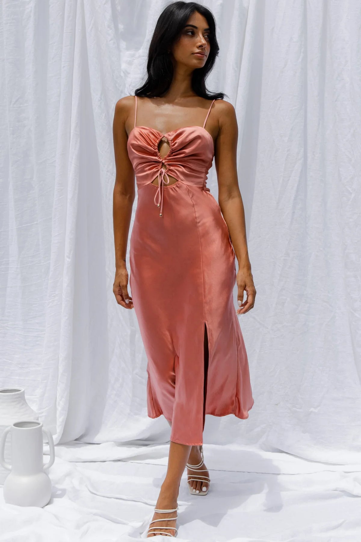 Date Night Drawstring Bust Midi Dress Rose