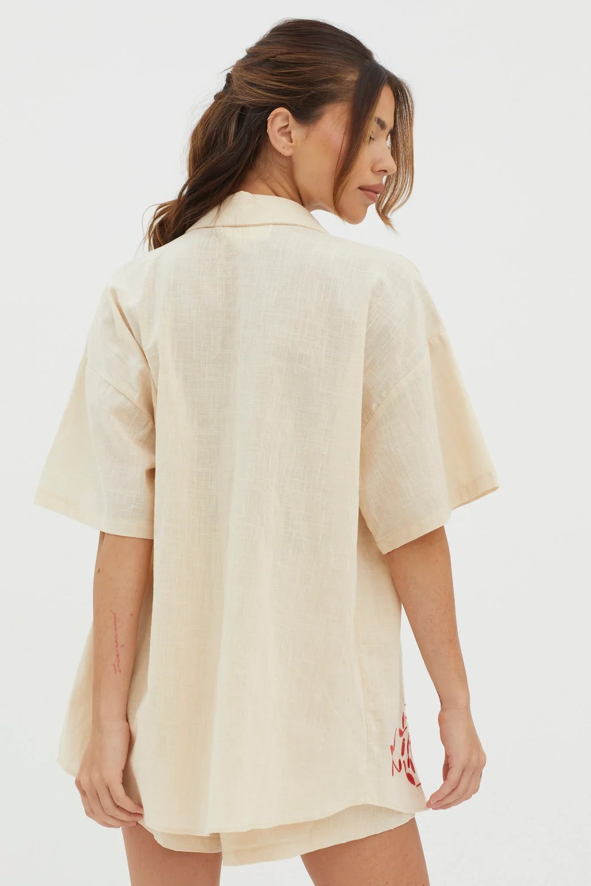 Ciao Ciao Embroidered Button-Up Shirt Oat