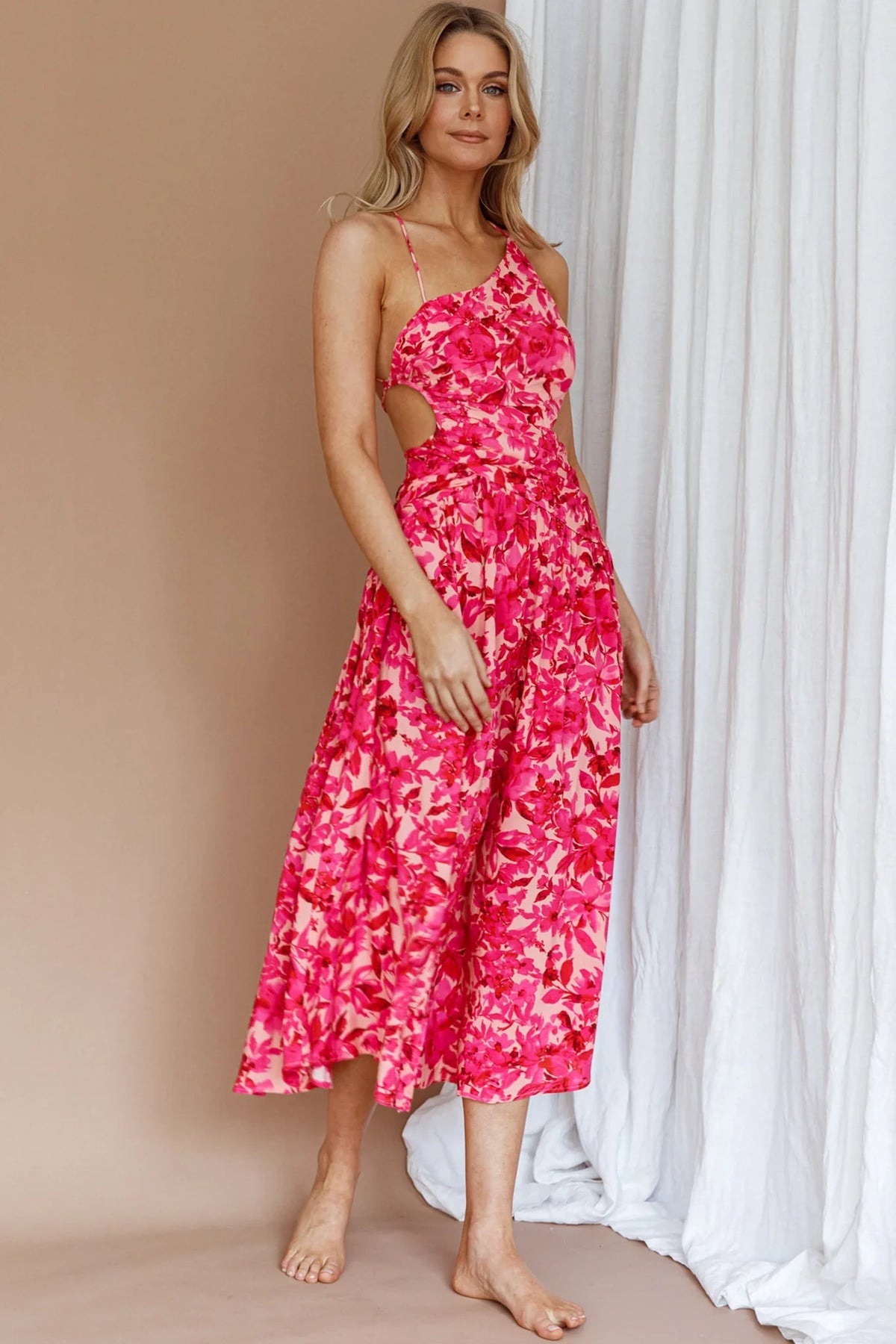 Destination Open Back Midi Dress Floral Pink