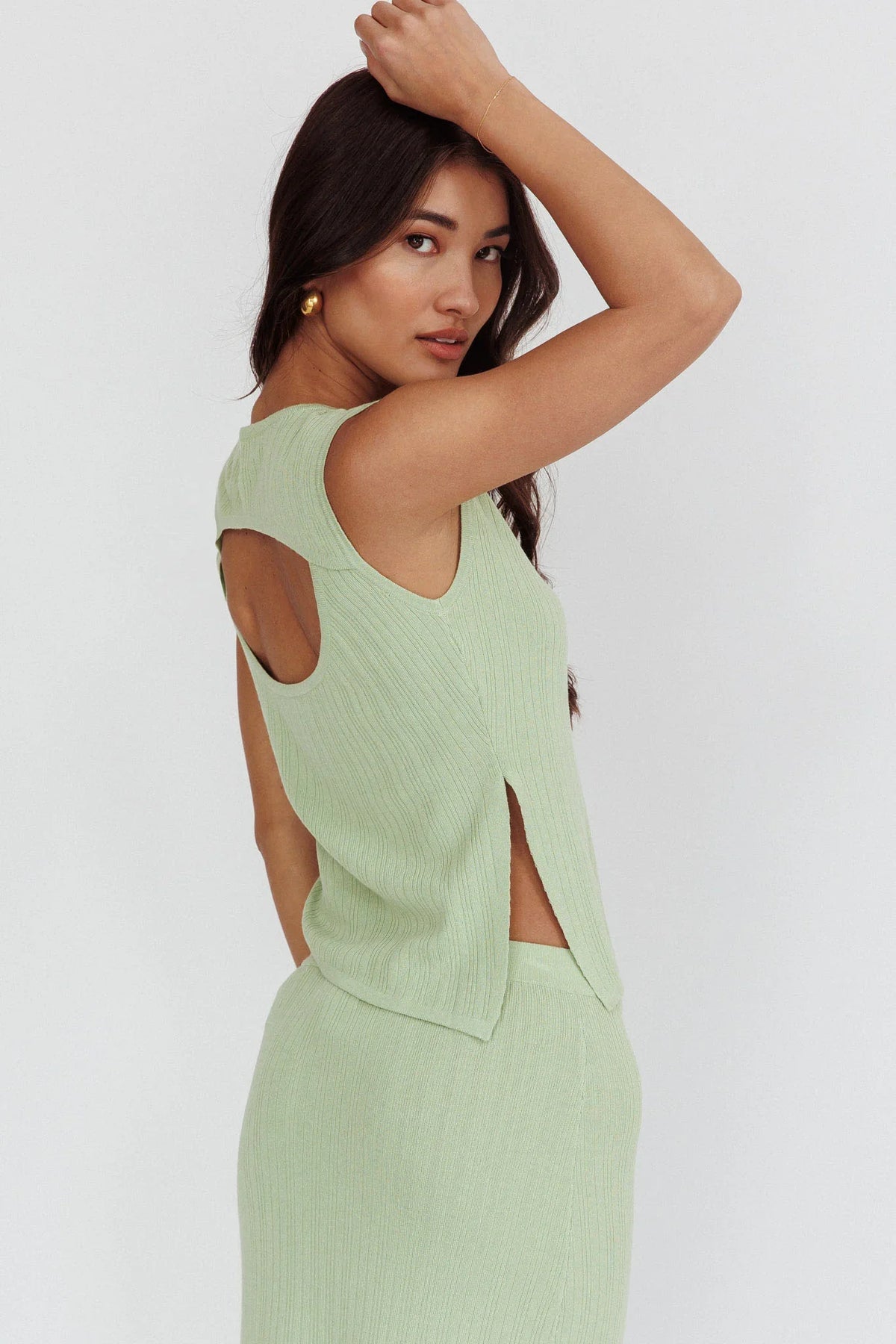 Rossana Asymmetric Hem Keyhole Top Sage