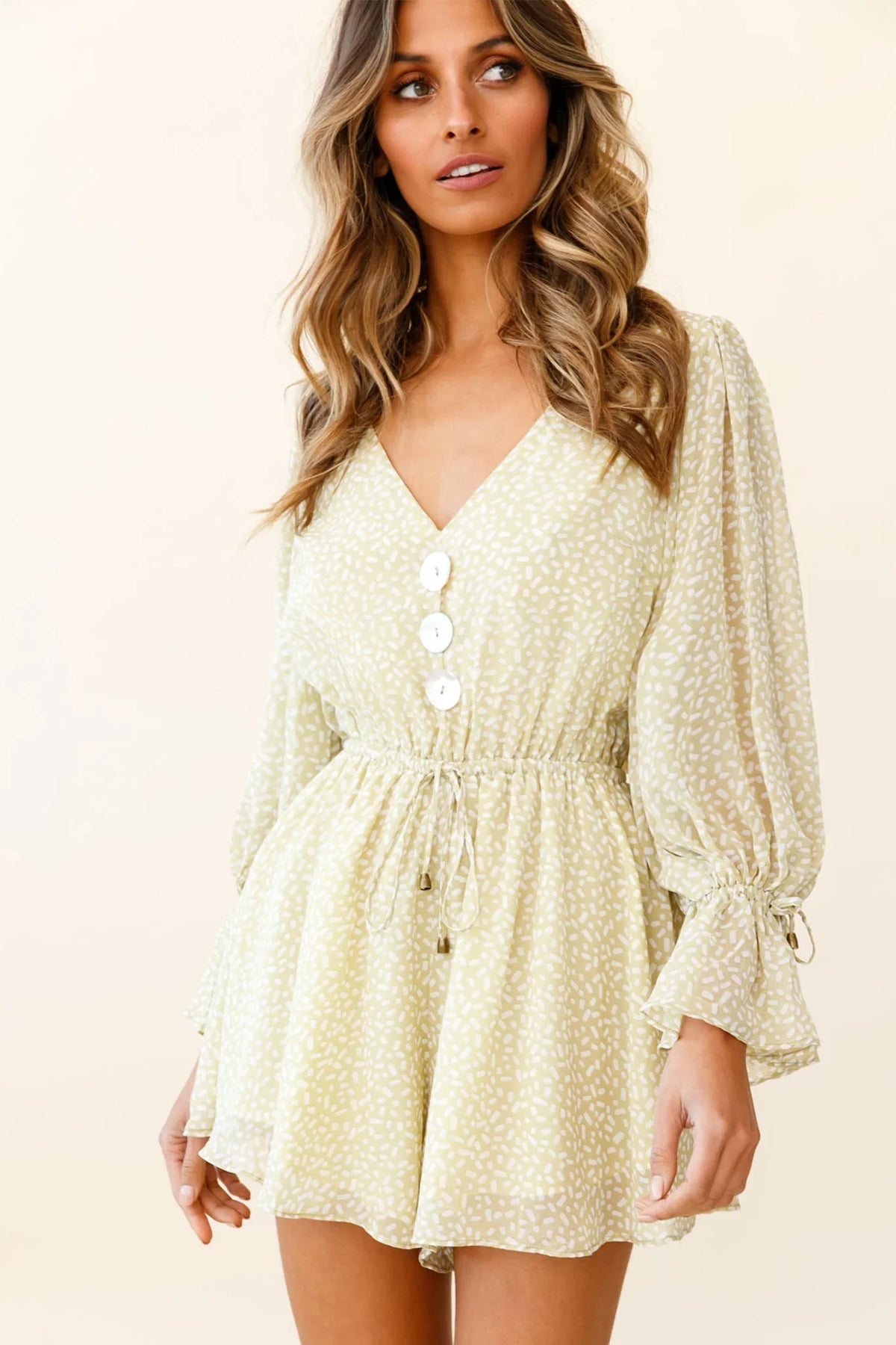 Believe It Or Not Long Sleeve Drawstring Romper Sprinkle Print Green
