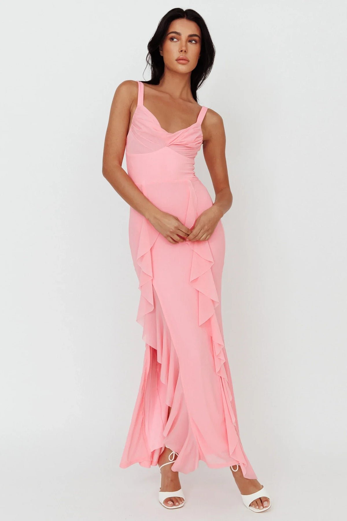 Hollianna Ruffle Trim Split Maxi Dress Blush