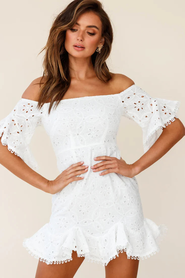 Elissa Off-Shoulder Broderie Anglaise Dress White