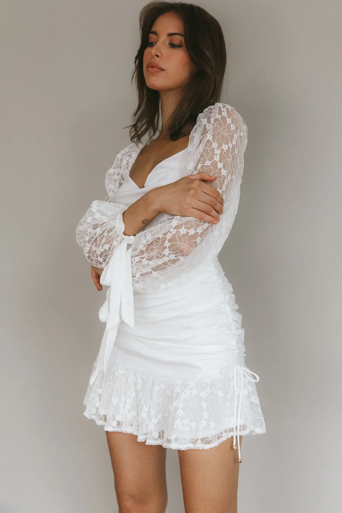 With Love Long Sleeve Lace Mini Dress White