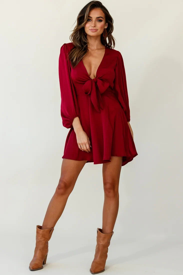 Madison Bow Tie Bust Balloon Sleeve Dress Wine