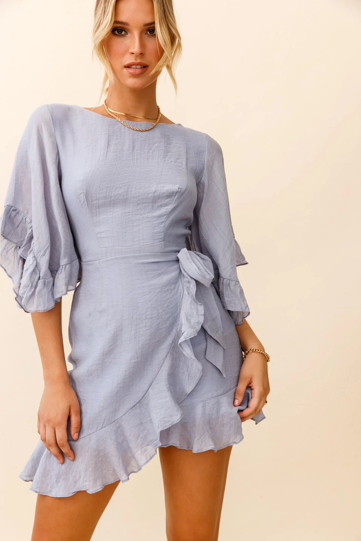 Make It Happen Flared Sleeve Ruffle Trim Dress Steel Blue