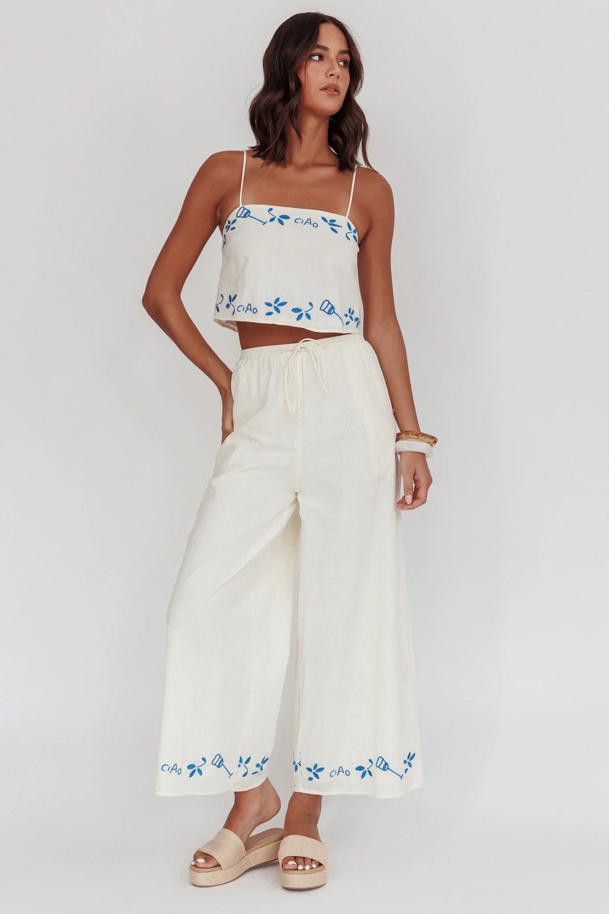 Sorrento Summer Embroidered Wide-Leg Pants Beige