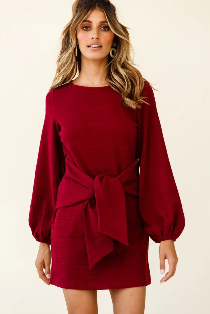 Rapt Waist Tie Balloon Sleeve Knit Dress Wine