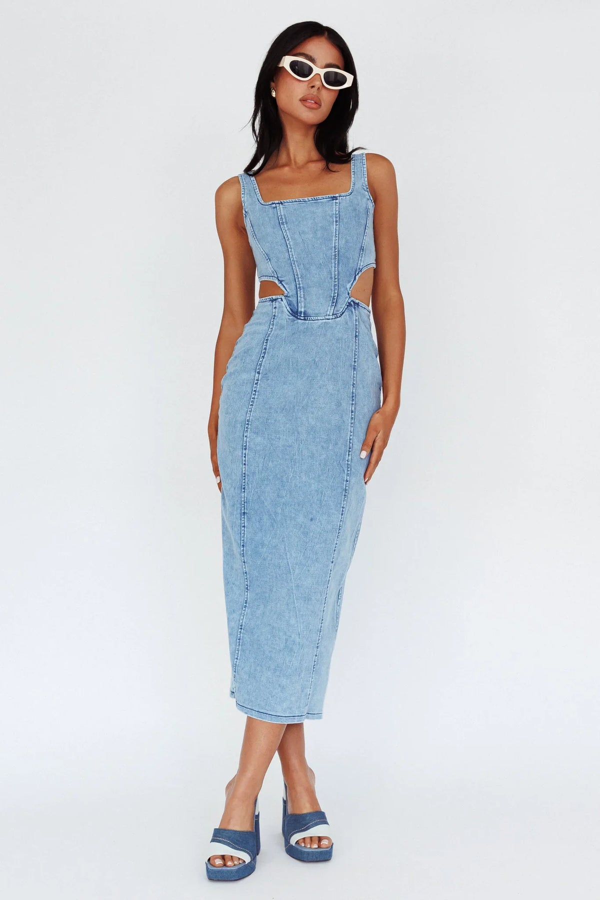 Kainani Cut-Out Waist Midi Dress Denim Blue