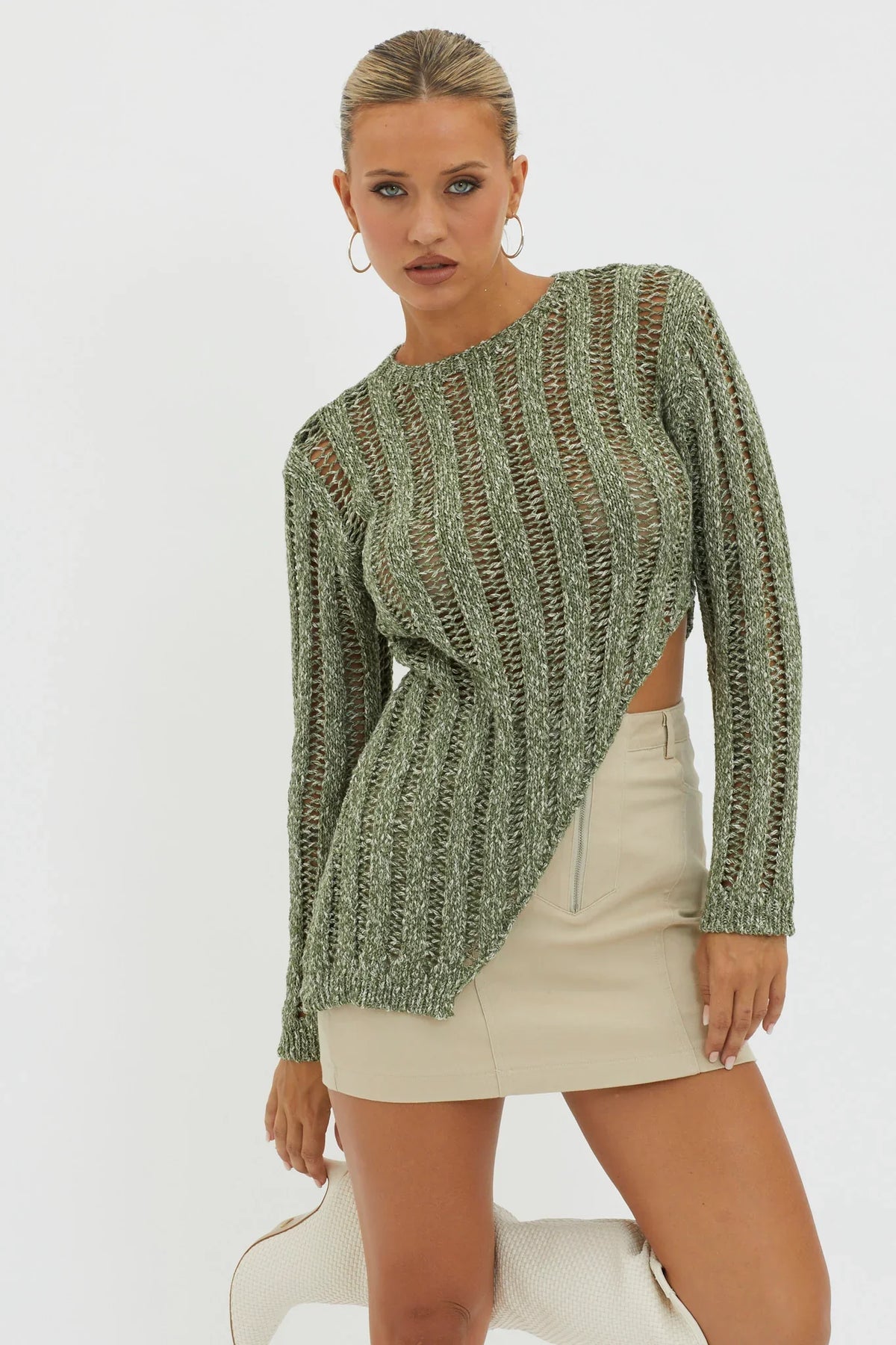 Evergreen Asymmetrical Hem Ribbed Knit Top Olive