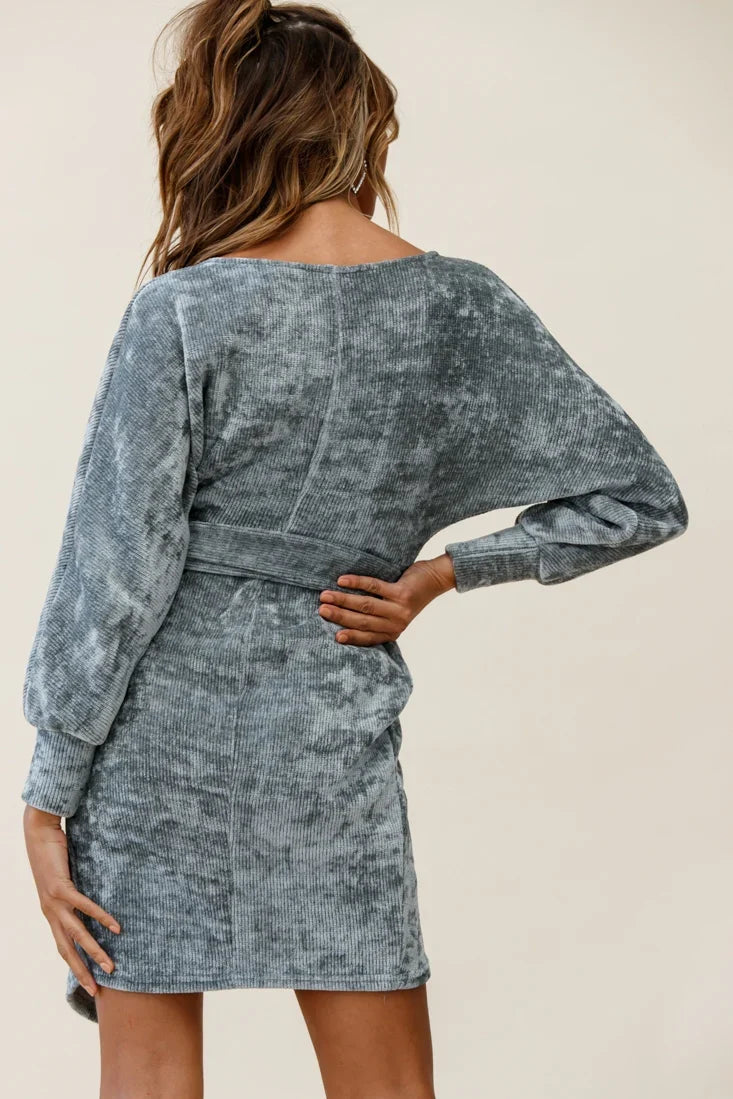 Isolde Ribbed Velour Wrap Dress Grey