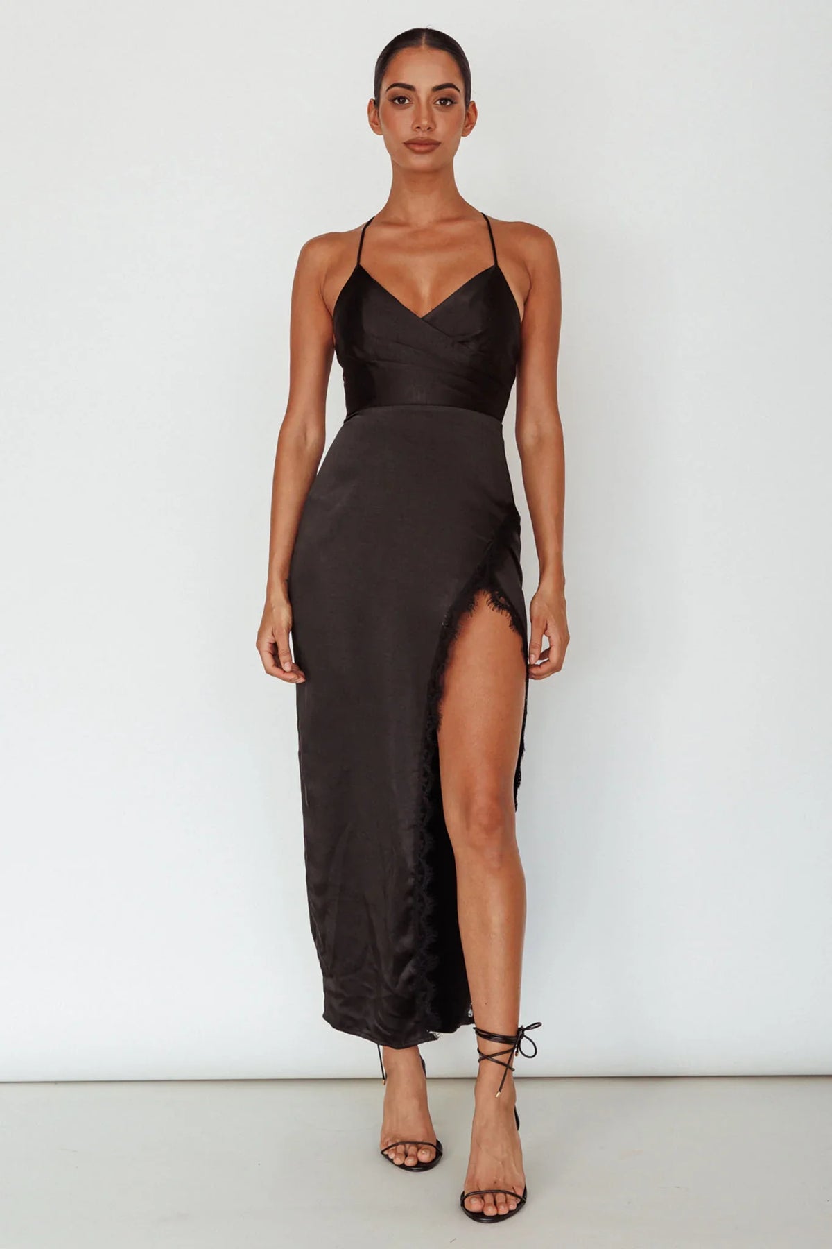 Winter Moon Lace Trim Midi Dress Black