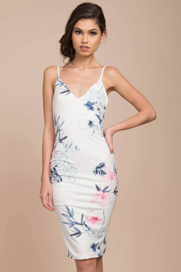 Angeline Floral Print Bodycon Dress White