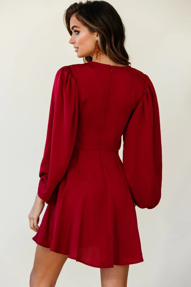 Madison Bow Tie Bust Balloon Sleeve Dress Wine