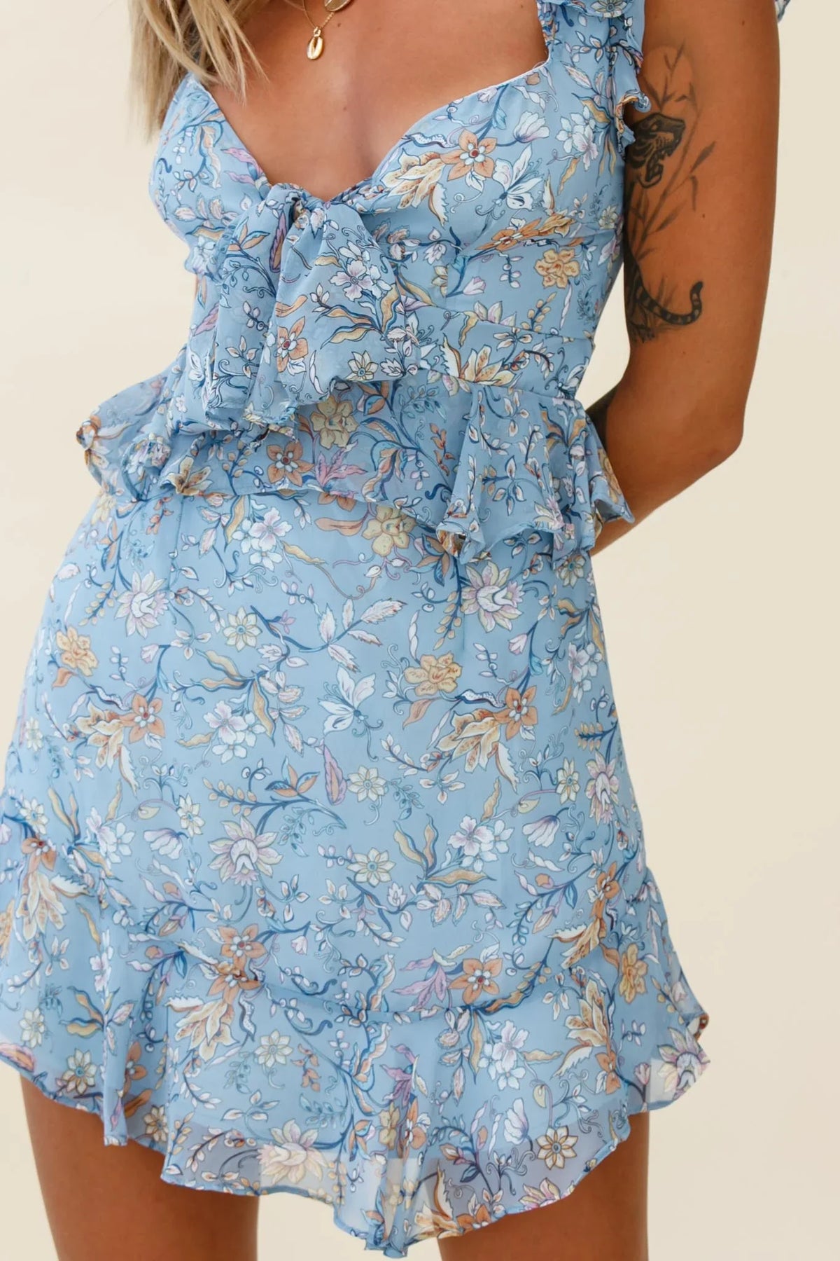 Say That Again Bust Tie Ruffle Trim Dress Floral Print Blue