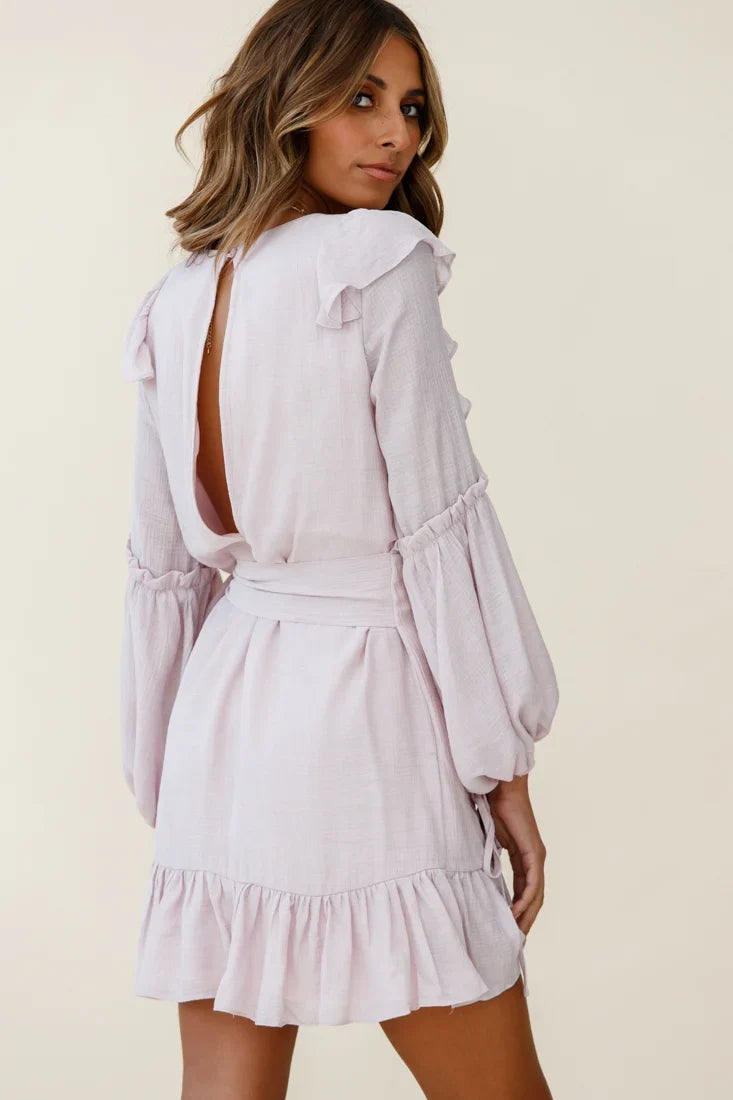 Tila Long Balloon Sleeve Wrap Front Dress Blush