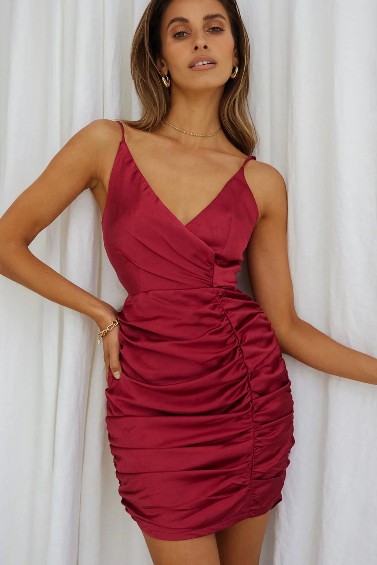 Biarritz Surplice Neckline Ruched Satin Mini Dress Plum