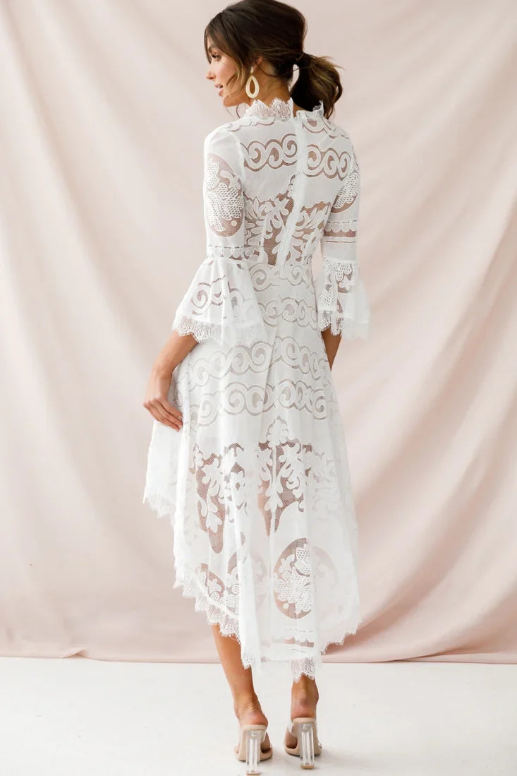Chantilly High-Low Bell Sleeve Dress White