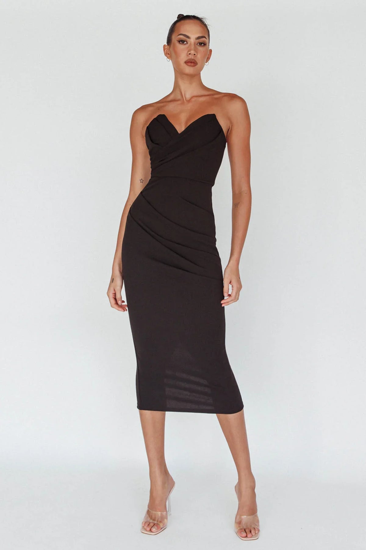 Yours Alone Gathered Detail Midi Dress Black
