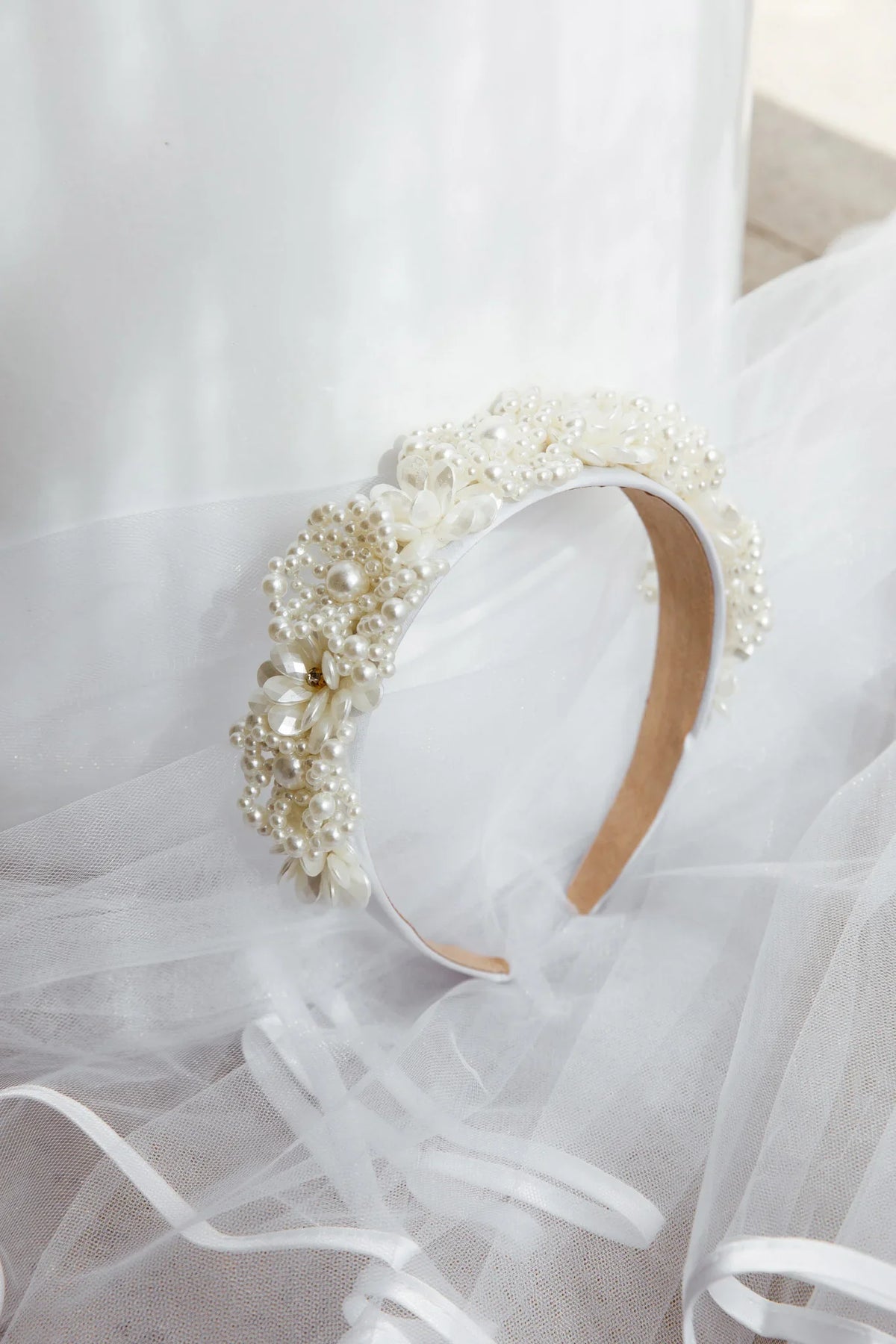 Floral Pearl Wide Headband White