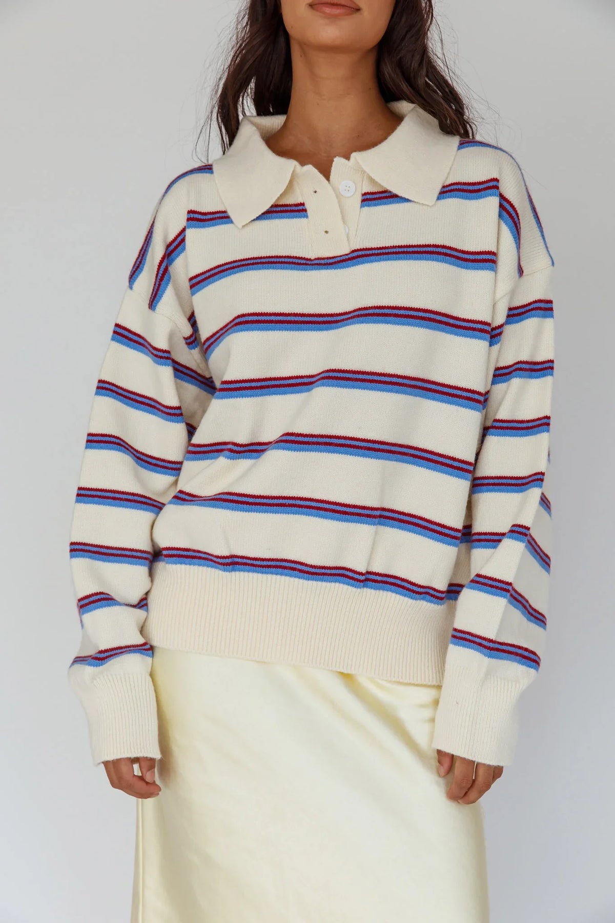 Boston Collared Knit Sweater Striped White