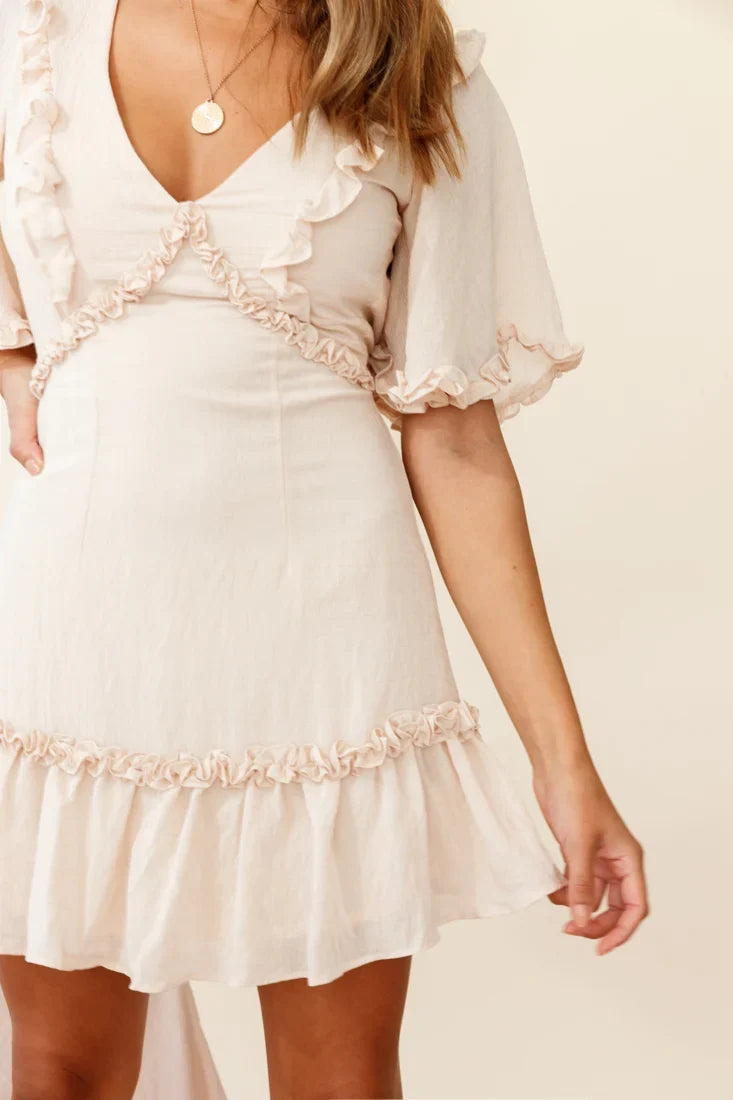 Halo V-Neckline Frill Detail Dress Nude