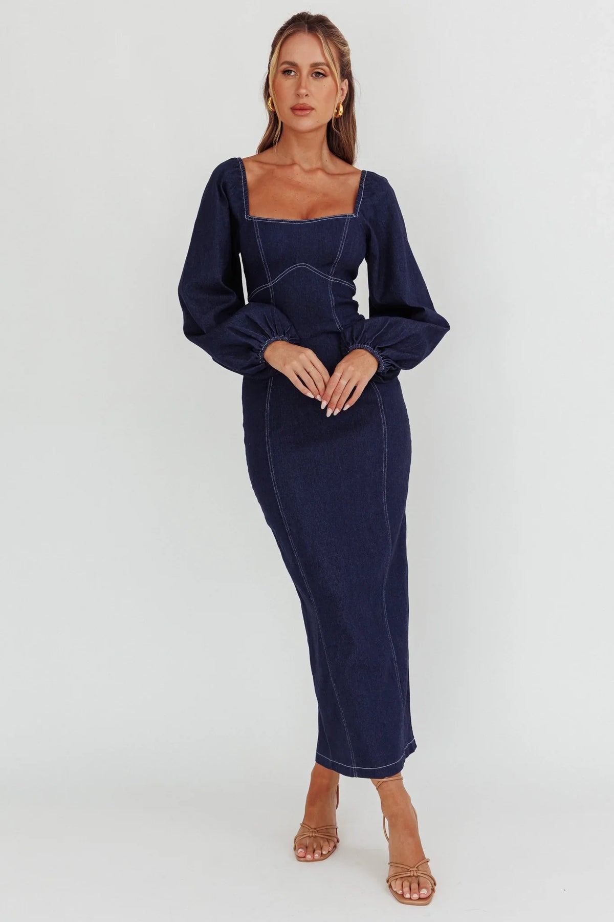 Bay Side Long Sleeve Denim Midi Dress Indigo