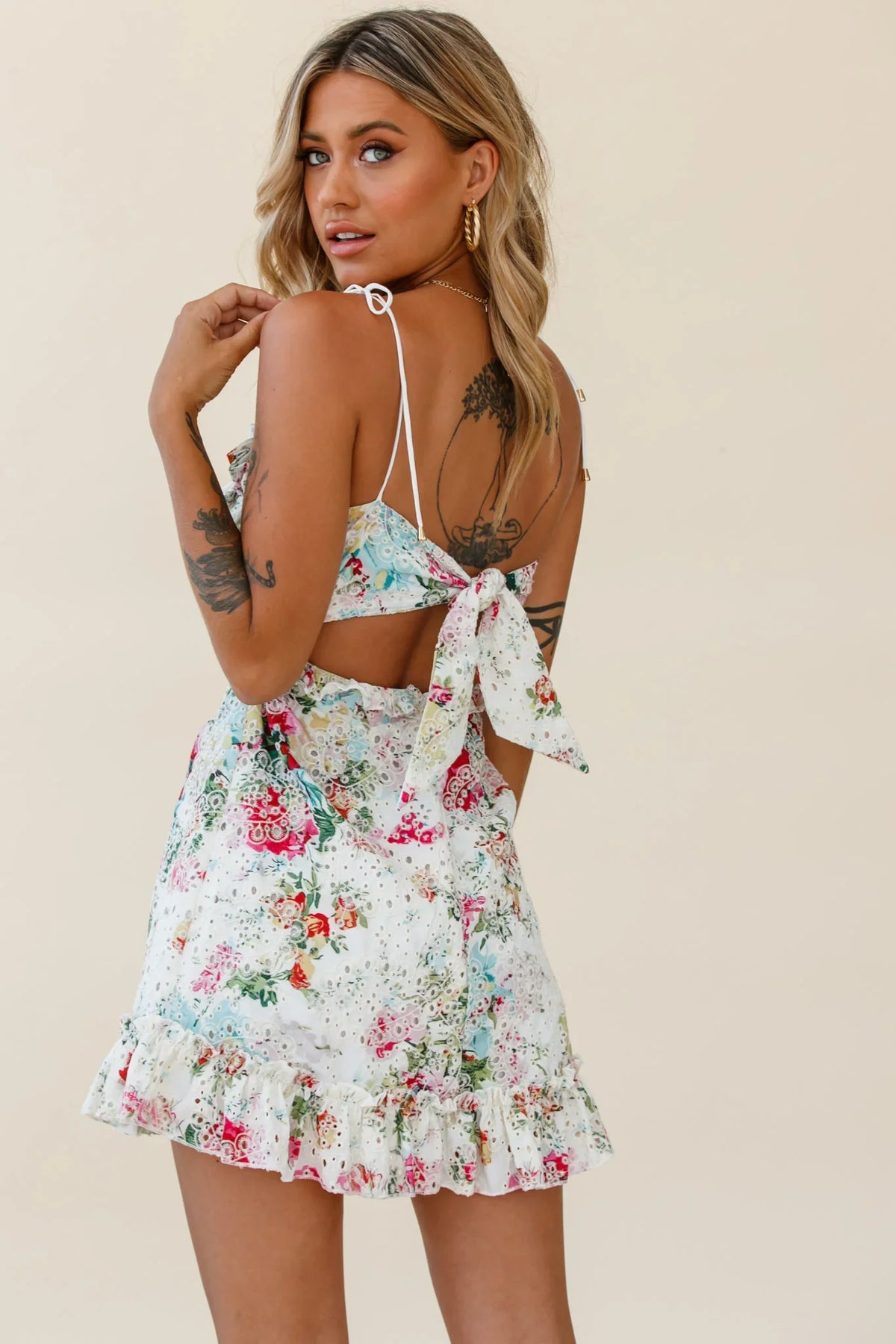 Frill Seeker Eyelet Embroidery Tied Back Dress Floral Print Multi