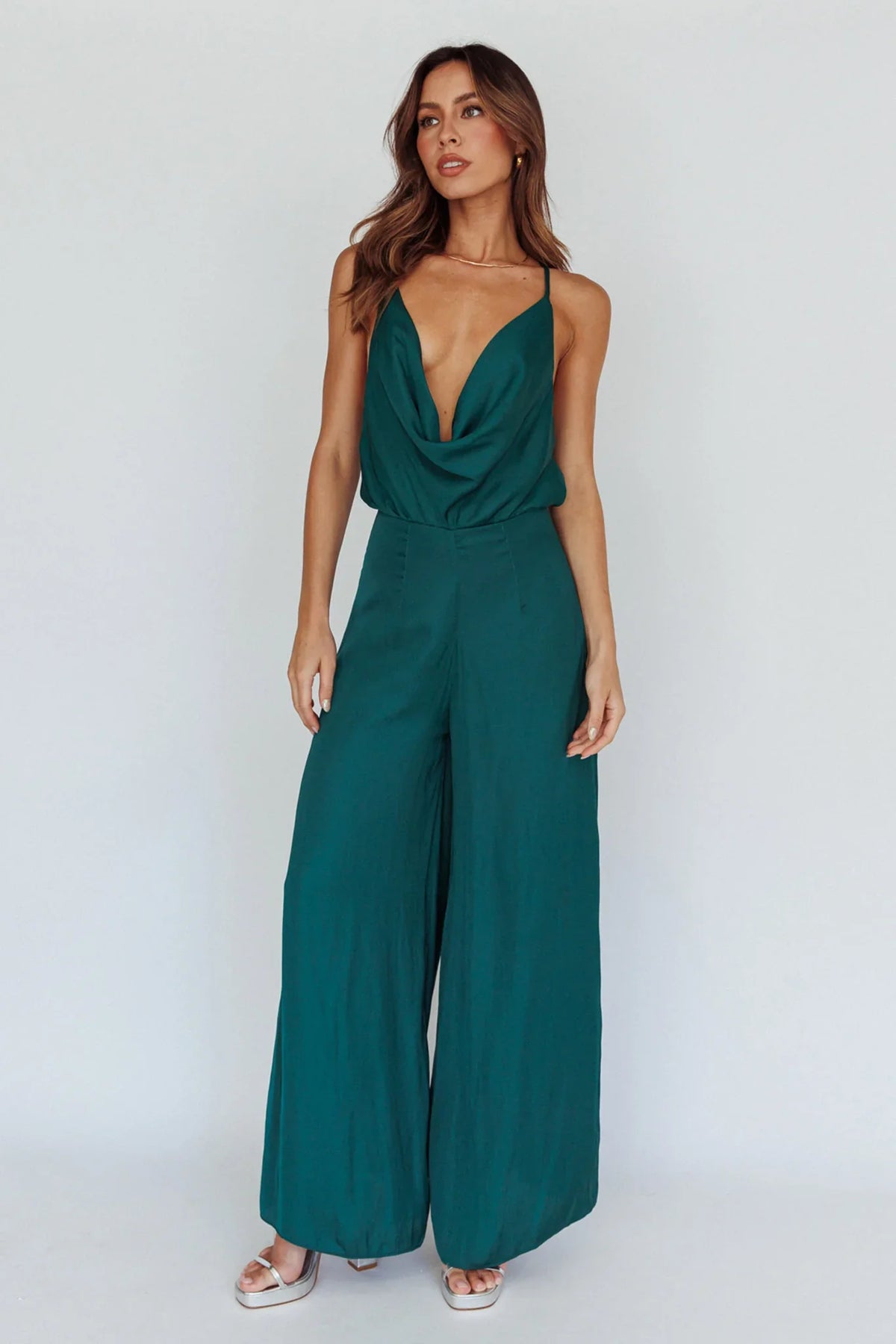 Jaclyn Wide-Leg Cowl Neck Jumpsuit Forest Green