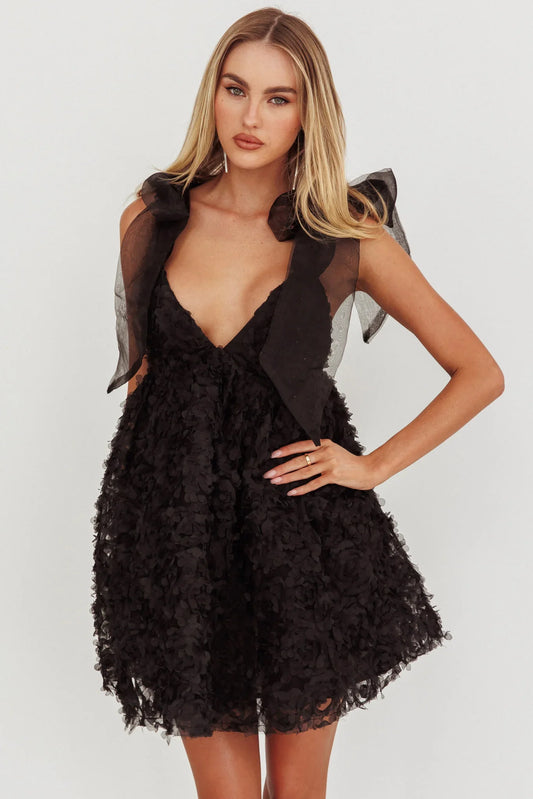 Lisette Tied Shoulder Embellished Mini Dress Black