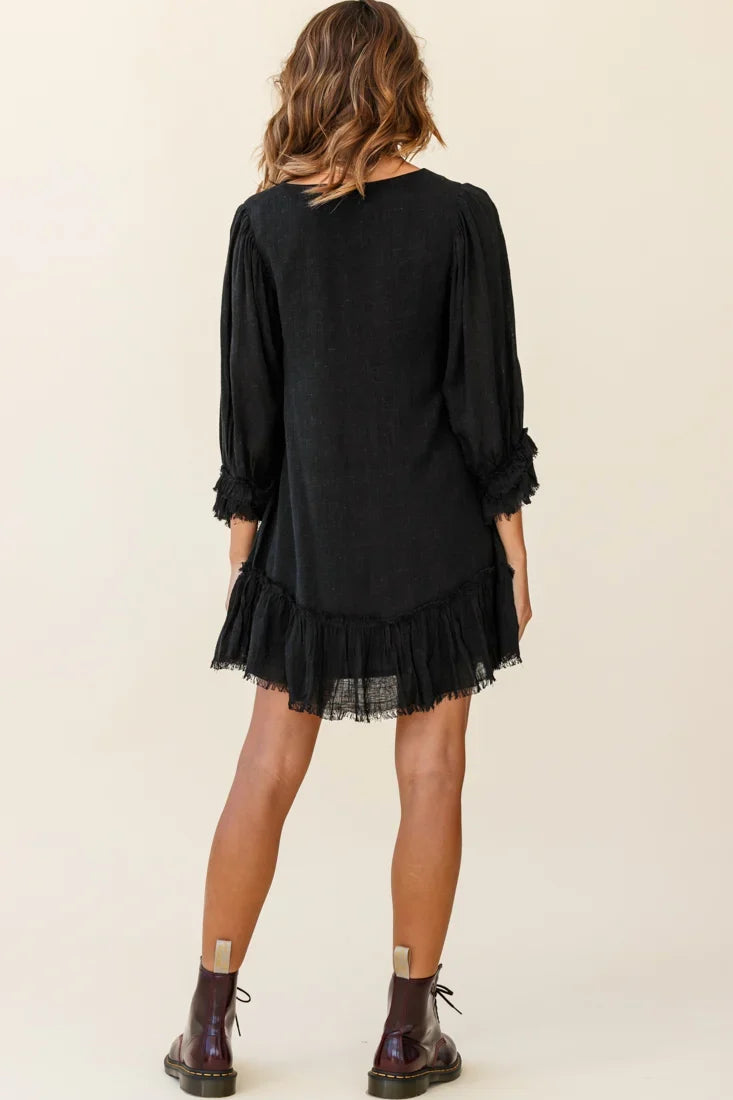 Amala Balloon Sleeve Button Detail Linen Dress Black