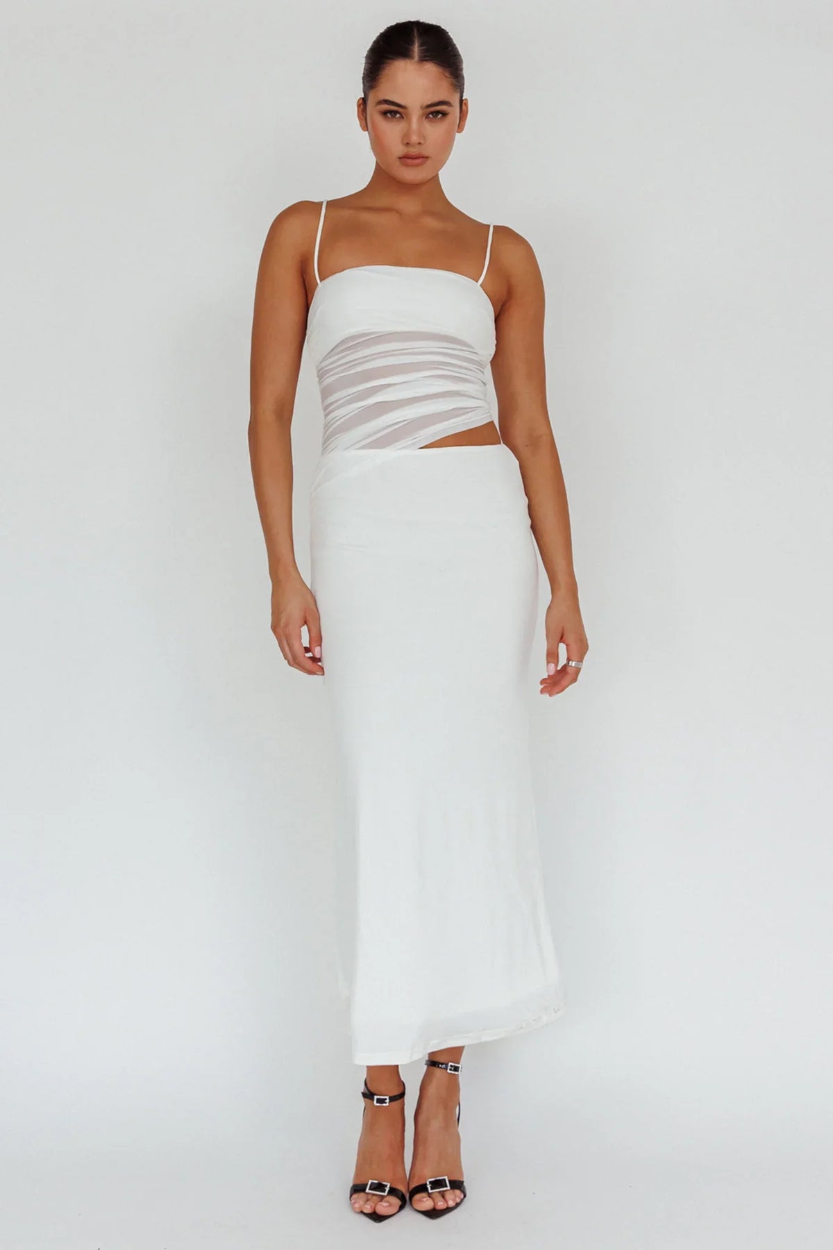 Lorely Ruched Bodice Midi Dress Vanilla