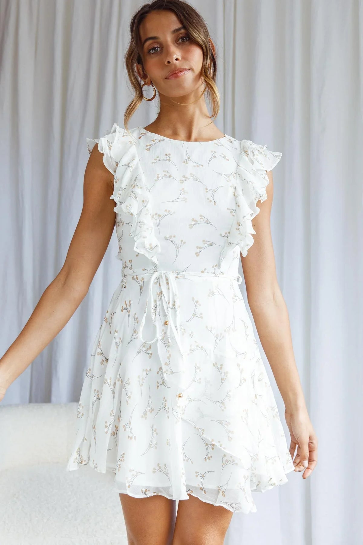 Wilton Ruffle Shoulder A-Line Dress Floral Twig Print White