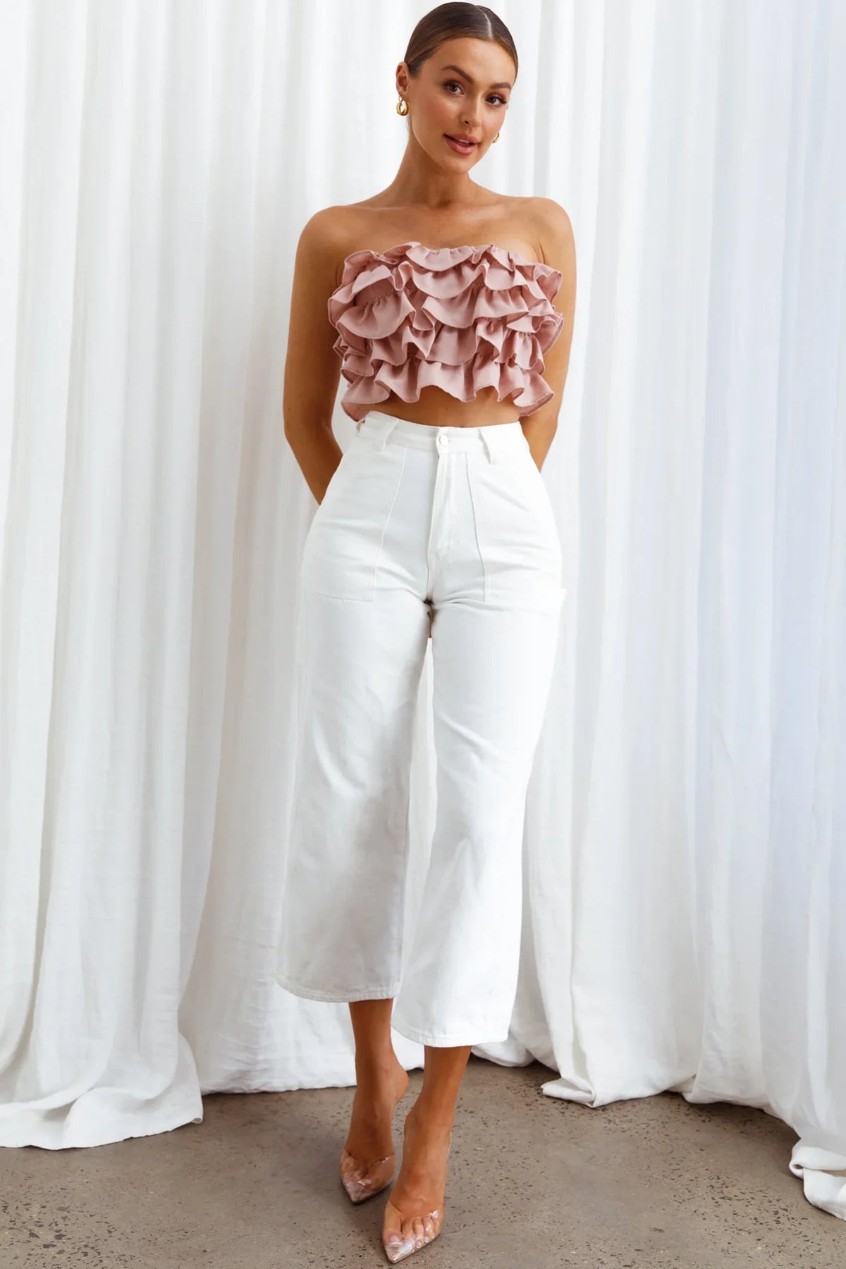 Talulah Layered Ruffle Lace-Up Back Crop Top Blush