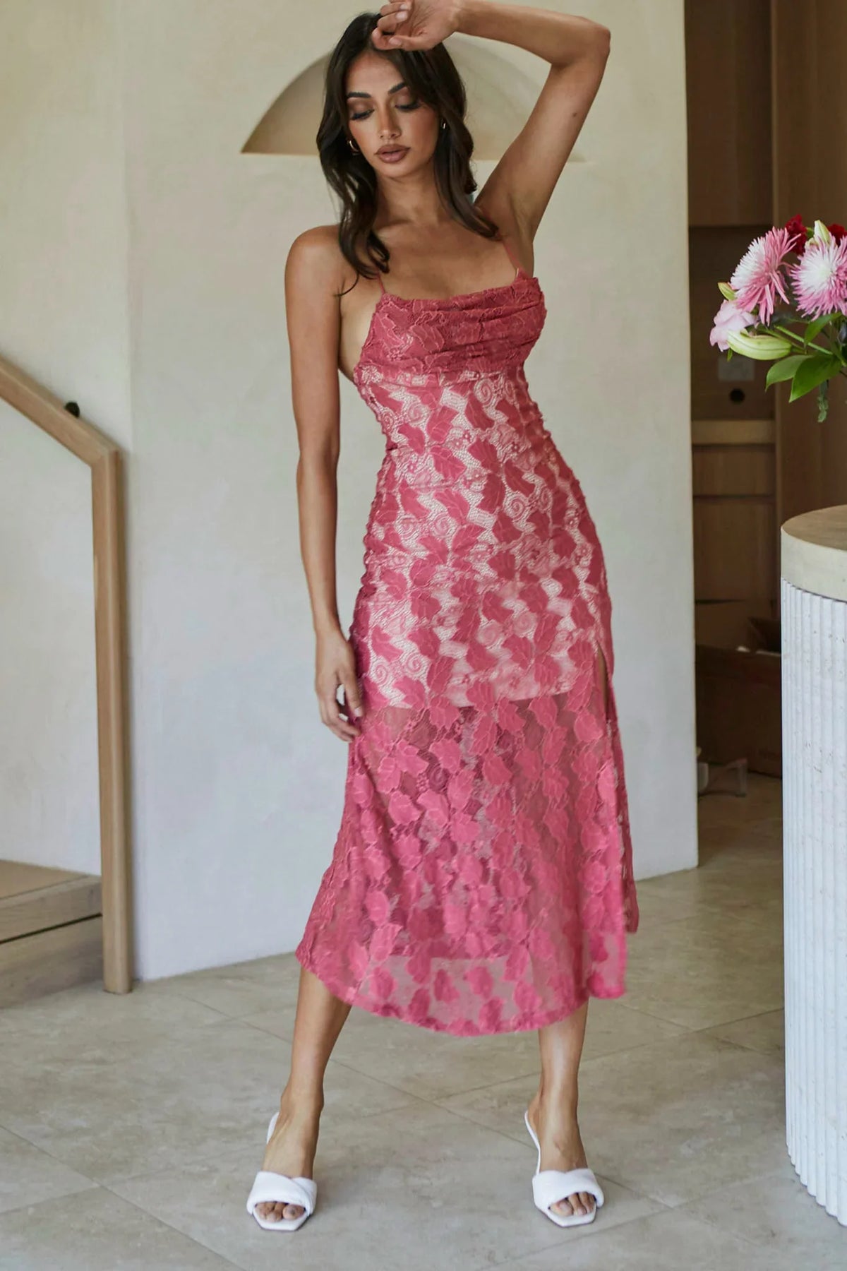 Well Versed Pleated Bust Front Split Dress Lace Rose