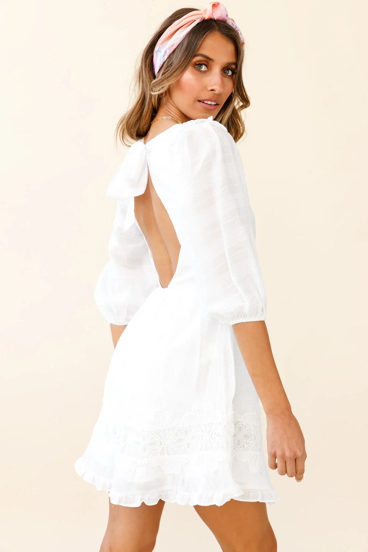 Sunday Morning Applique Embellished Open Back Dress White