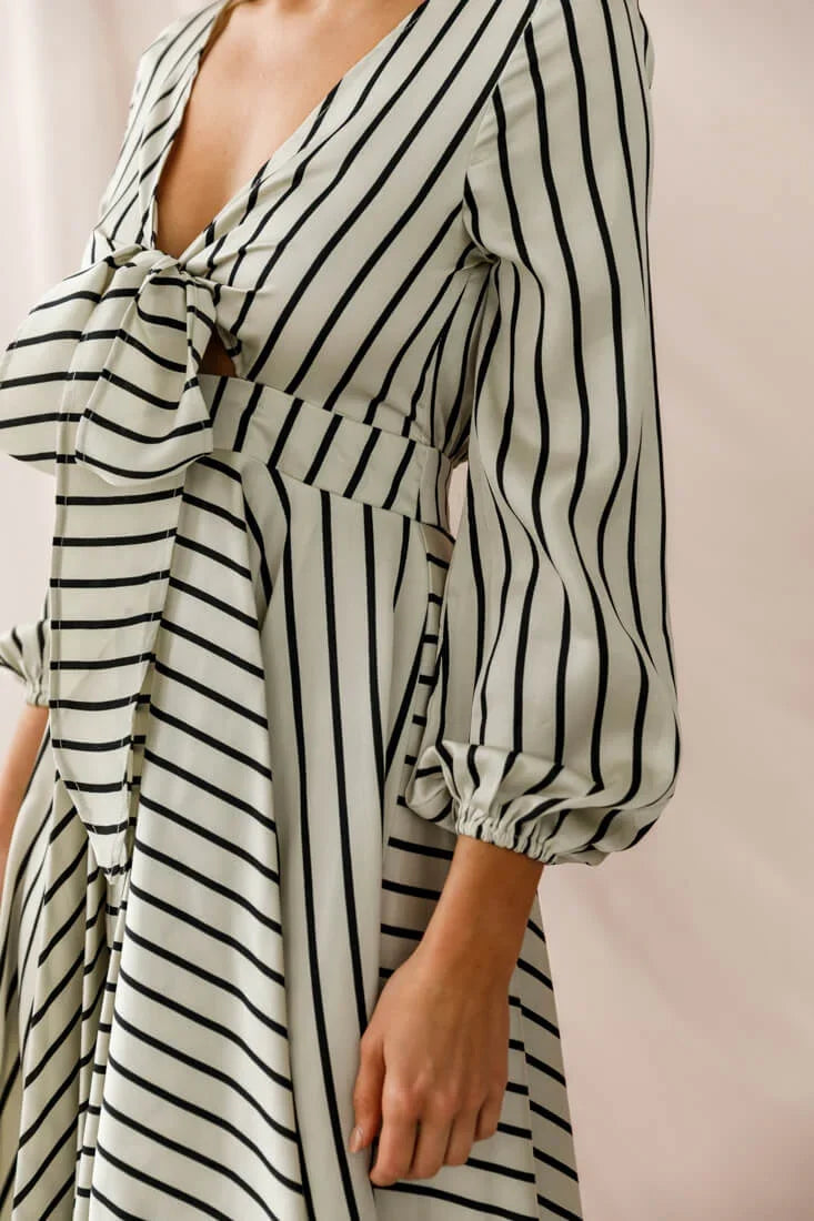 Essex Striped Bust Tie Midi Dress Beige