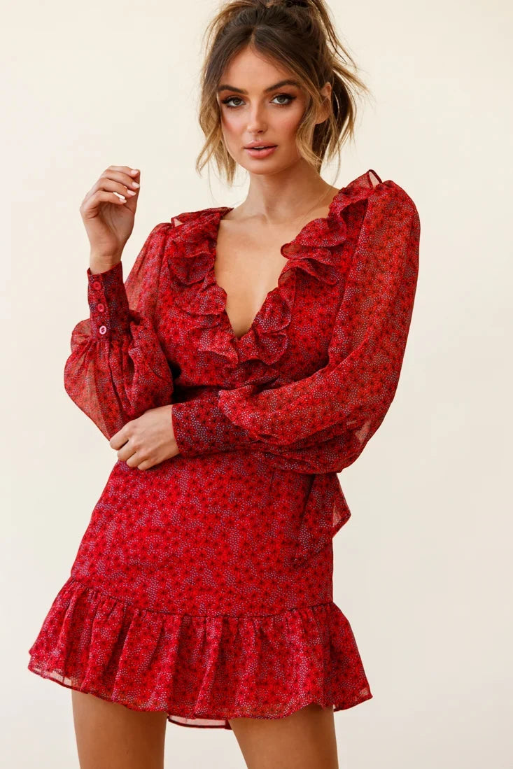 Regina Long Sleeve Ruffle Neckline Dress Flower Print Red