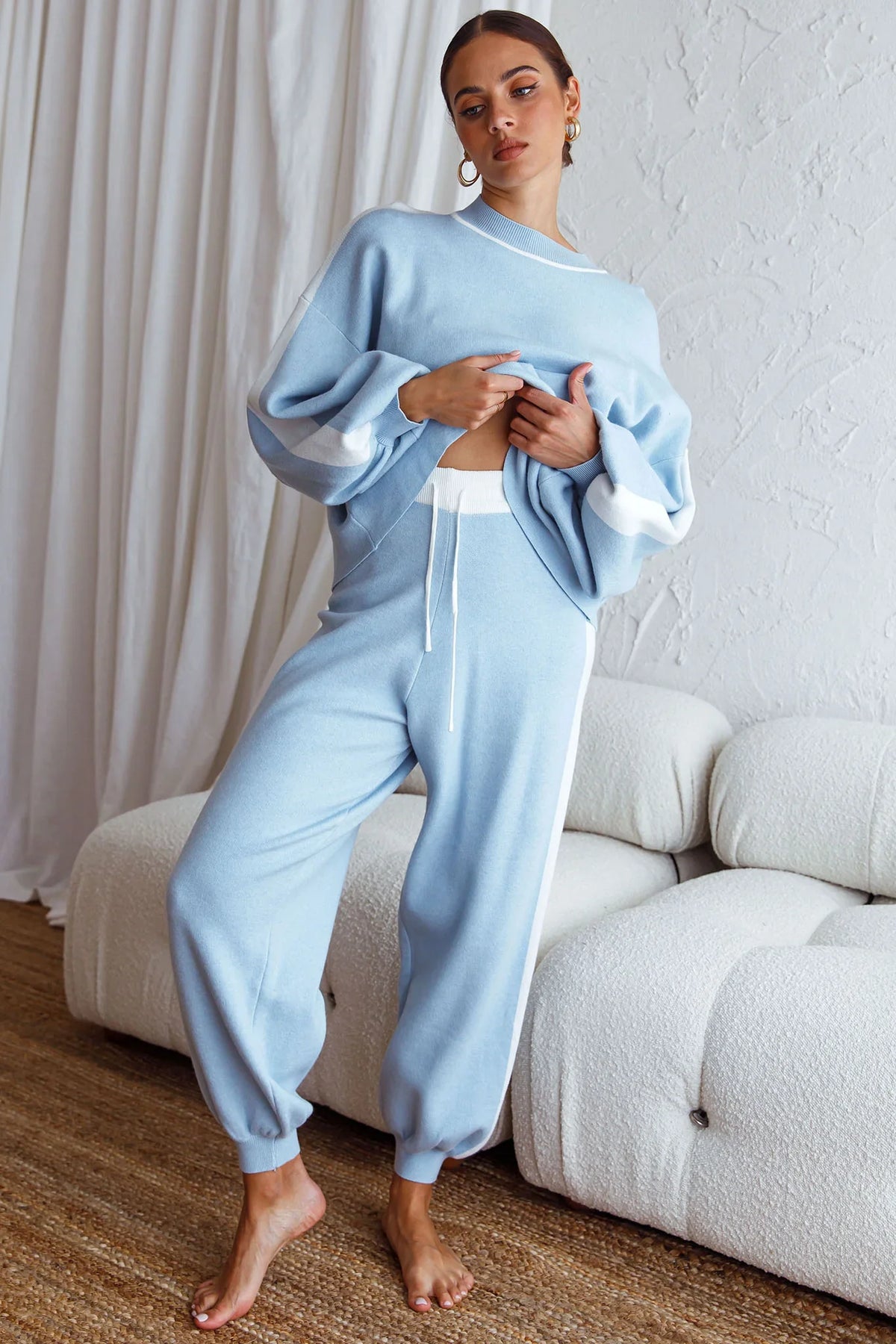 Take Me Back Balloon Sleeve Drop Shoulder Brushed Knit Sweater Blue